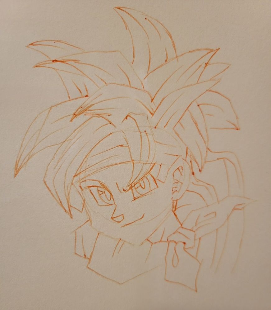 An orange pen line drawing of Crono's face from the video game Chrono Trigger. He has several spikey parts in his hair, a tied scarf, and headband. He's smiling confidently, looking at the viewer.