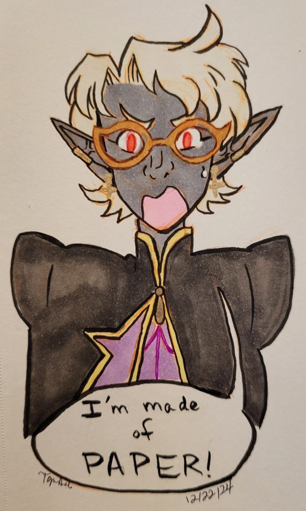 An androgynous drow wizard with short white hair, red eyes, brown horn rimmed glasses, star earrings, and a black cape with big shoulder pads over a purple top. She's exclaiming with some embarrassment "I'm made of PAPER!"