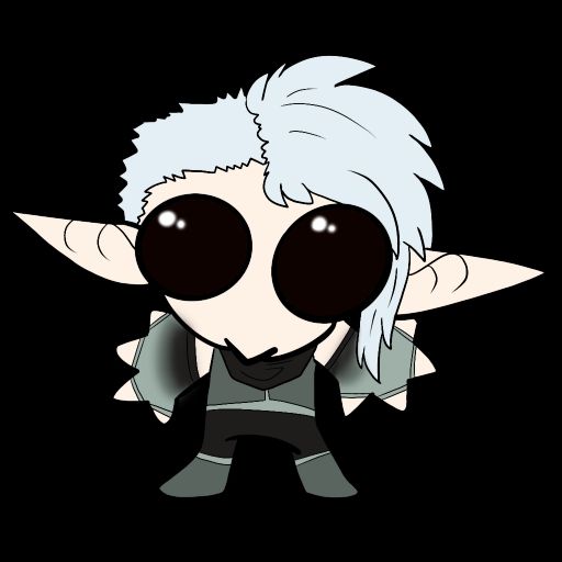 A chibi pallid elf with huge eyes and hands looking up at the viewer