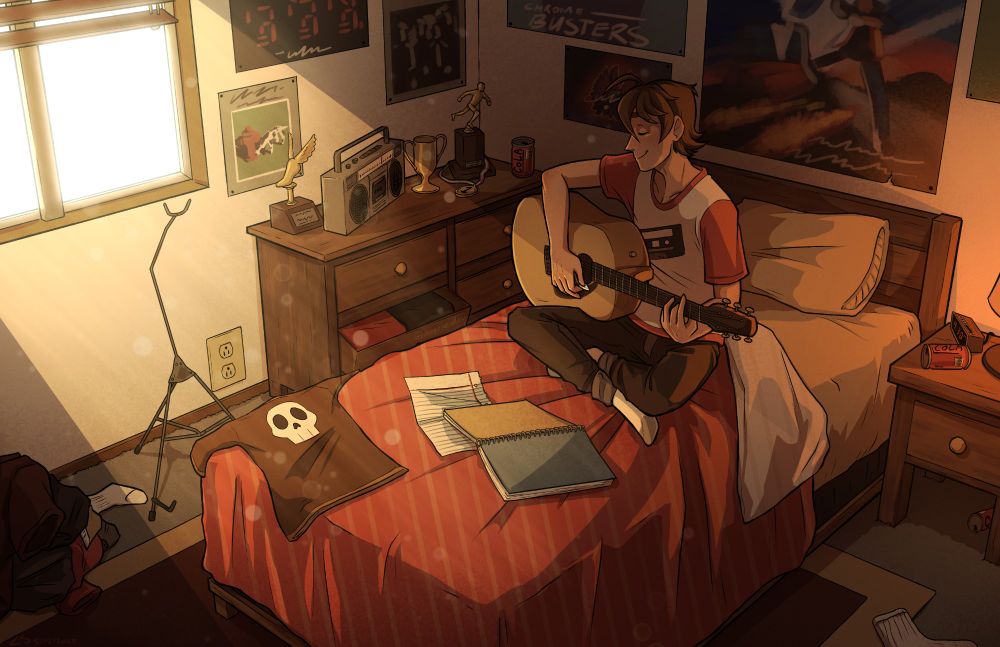 An illustration of a messy teen boy's bedroom, with the sun shining in from the window. Clothes are piled on the floor, trophies are sloppily arranged on the dresser, and classic rock band posters cover the walls. Mike, the occupant of the room, sits on his half-made bed and peacefully plays an acoustic guitar.