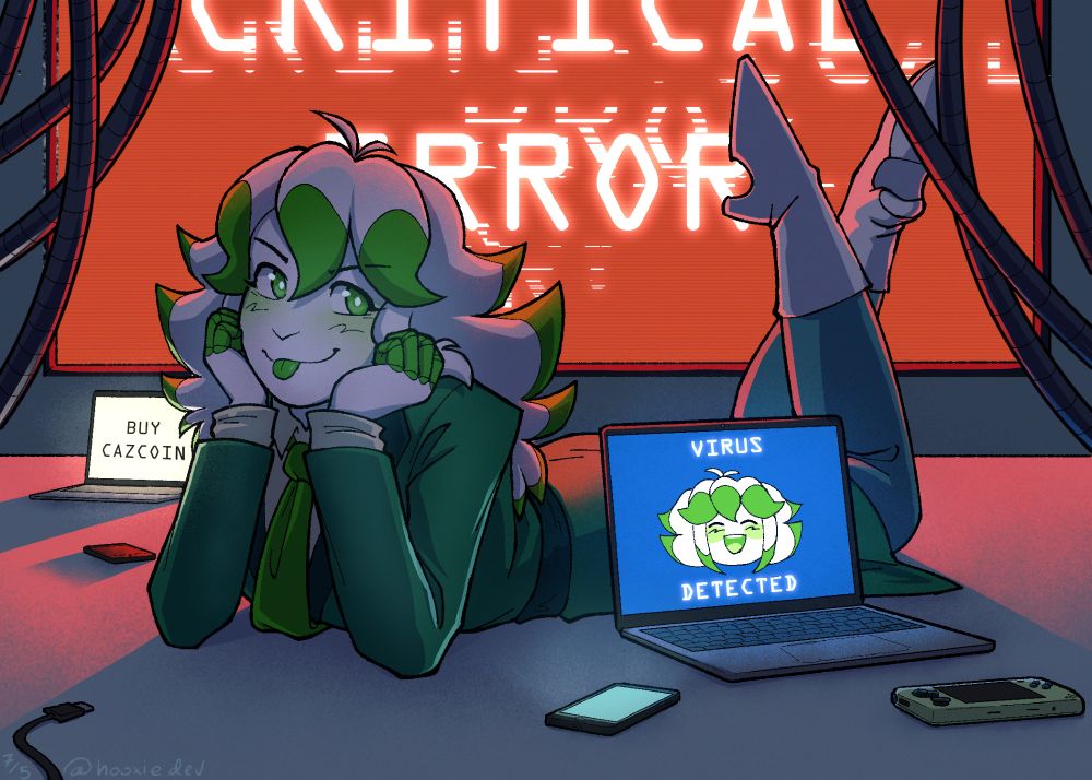 A humanoid with white and green hair lays on their stomach with their hands on their chin. They have a mischievous, silly look to them. They're surrounded by electronics, all of which are either off or infected with a virus.