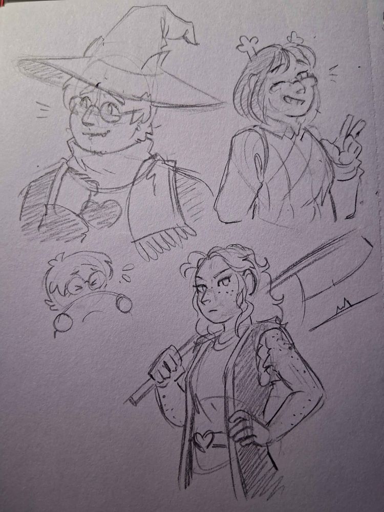 A sketchbook page featuring three OCs drawn as Deltarune characters- Ricky as Ralsei, Minnie as Noelle, and Suzy as... well, Susie.