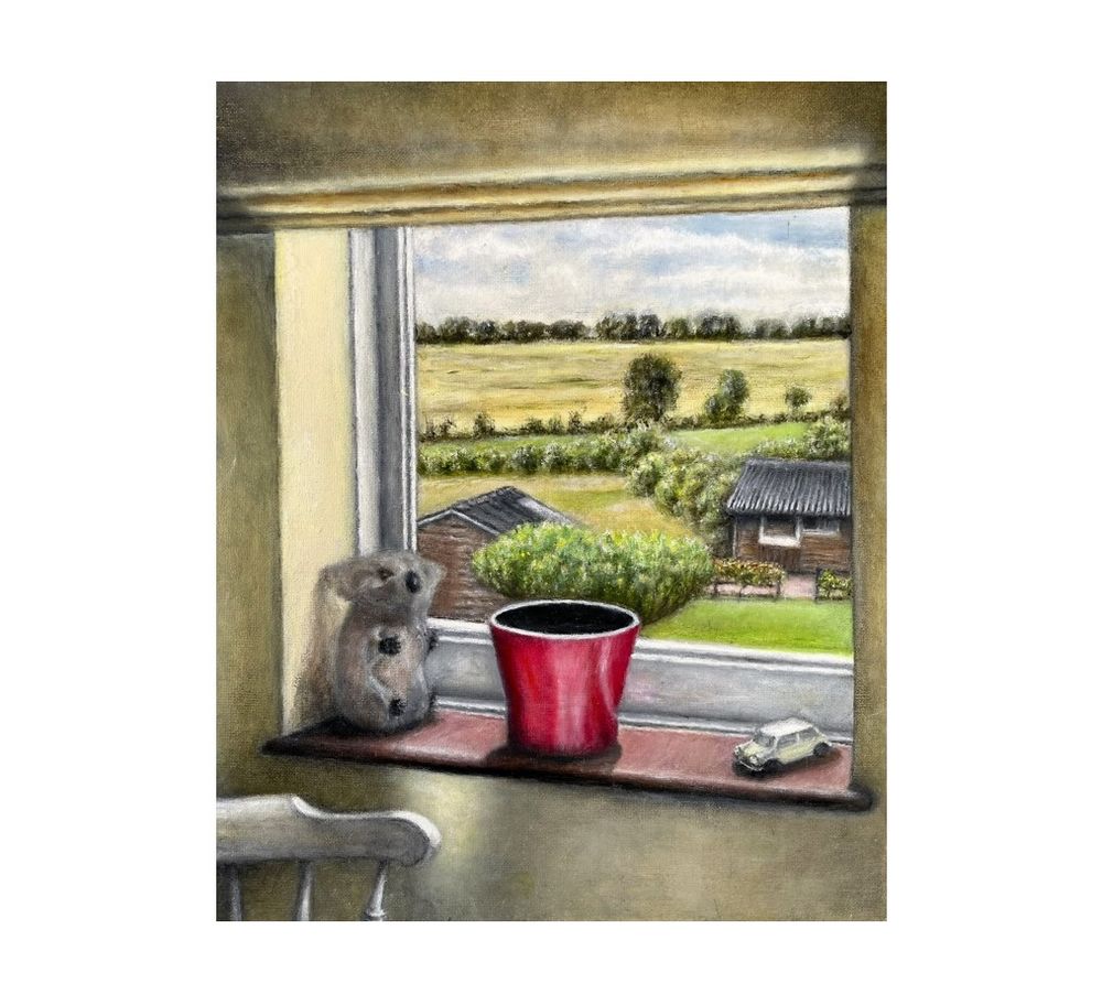 Painting of window, offset, sloping towards right hand side. A blind above, part of the top of a white wooden chair below on left hand side. On the window sill, a toy koala bear in the far left hand corner, an empty bright red ceramic pot centre and a dinky toy mini on the right hand side. Through the window, a distant tree-lined horizon, yellow and green fields, lined by hedges and tressm and a couple of out-buildings. Stripes of while clouds with glimpses of blue.  