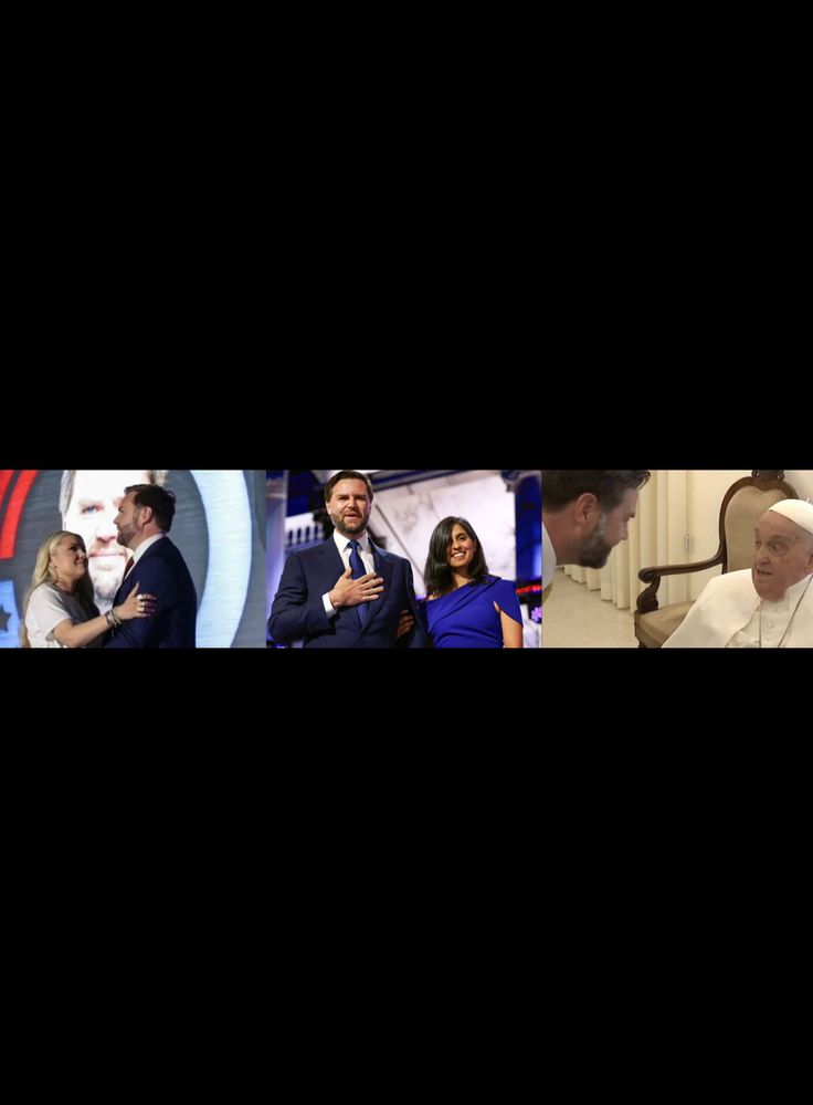 Photo montage of JD Vance doing PDAs with The Widow Kirk, standing with his current wife, Usha, and hovering threateningly over the late Pope Francis, who looks unimpressed.