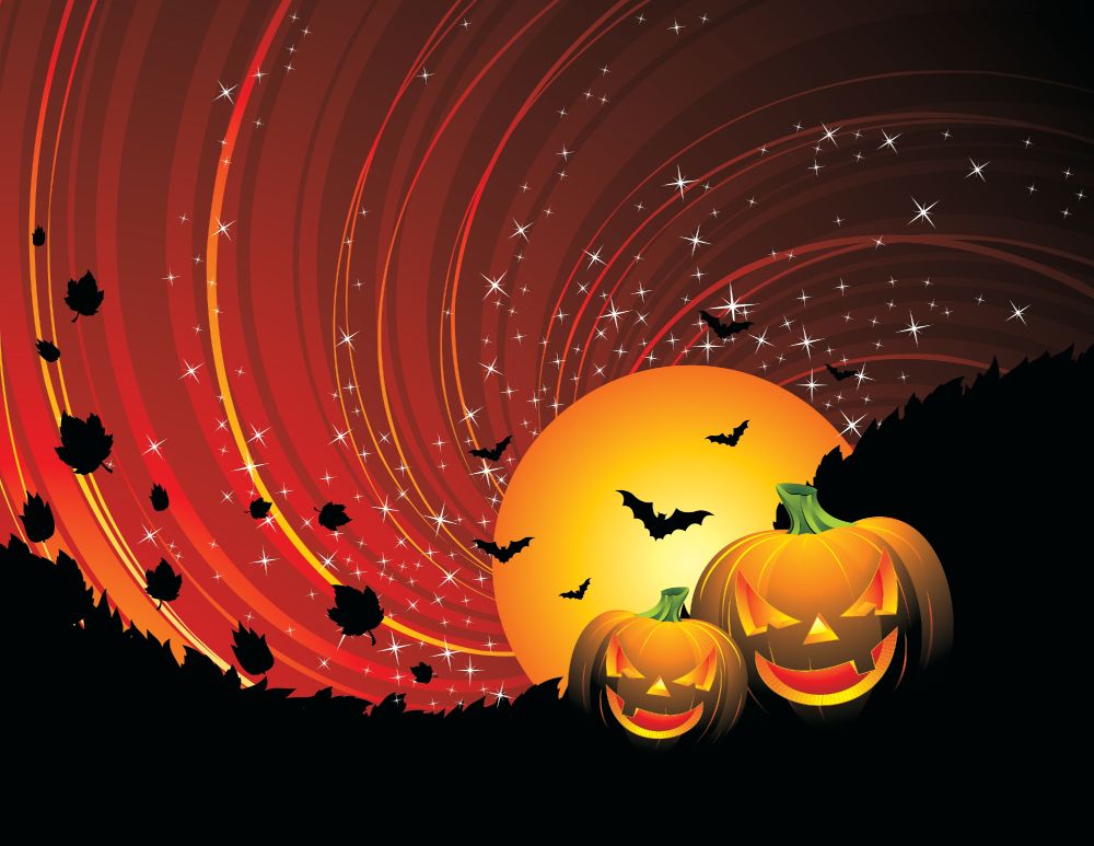 Red sparkle background with large yellow moon, orange jackolanterns and leaves/bats scattered about in black