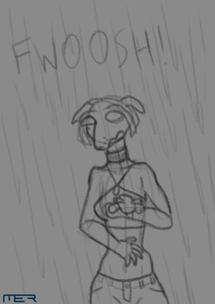 A loose sketch of Iliyana getting caught in a sudden rainstorm, as a Technate weather control system malfunctions. An onomatopoeia reads "FWOOSH!"