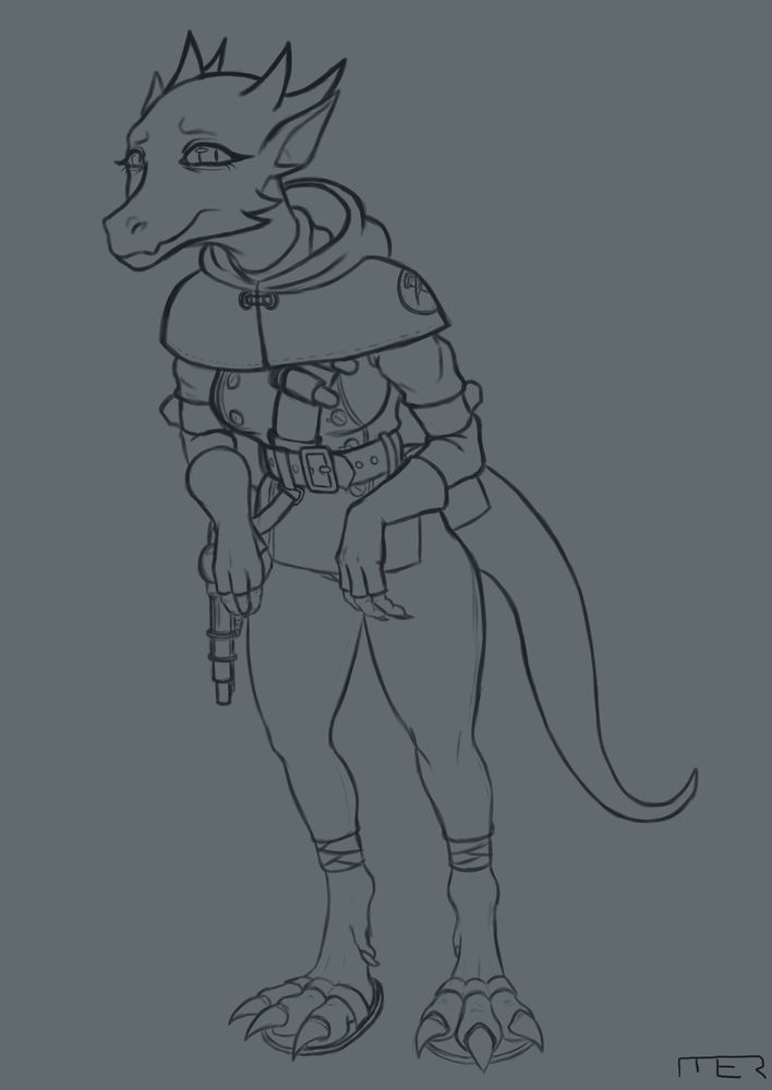 A female kobold alchemist named Traudl, who is currently hunched over and cringing because she's uncomfortable with her present situation. She has a few vials of (probably terrible) substances strapped to her chest and some sort of esoteric potion gun slung at her right hip. She wears a tunic, capelet, fingerless gloves, tights and some very unsupportive sandals.
