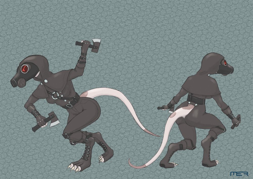 Female kobold named Eth, wearing dark clothes and a gas mask, and dual-wielding small vibrohatchets. She looks like some sort of BDSM ninja.

She will tease you, but you can just pick her up and throw her into a locker