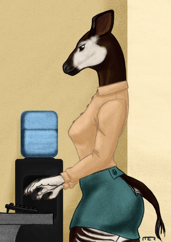 An colored digital sketch of a female anthropomorphic okapi in an office setting, attempting to use a computer whilst standing. The desk is at the wrong height, and she's wearing typical office attire, though the skirt might be a tad short for the dress code.