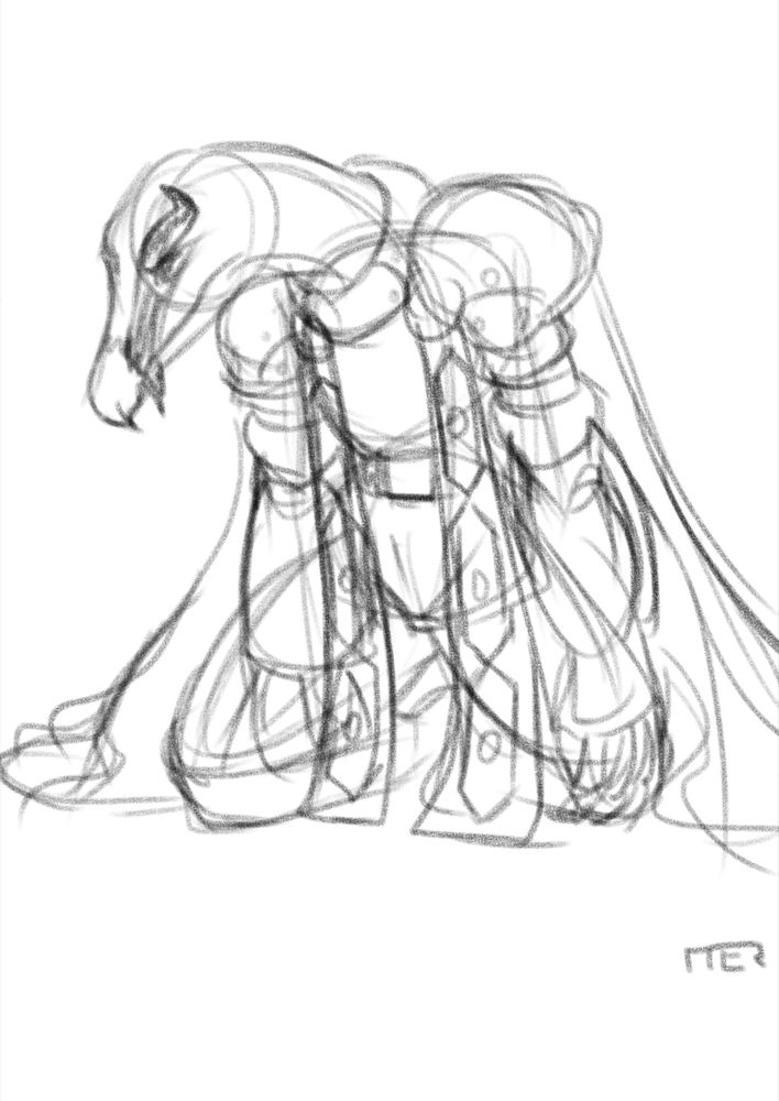 A very rough sketch of the bearded vulture android on his knees having a mope session