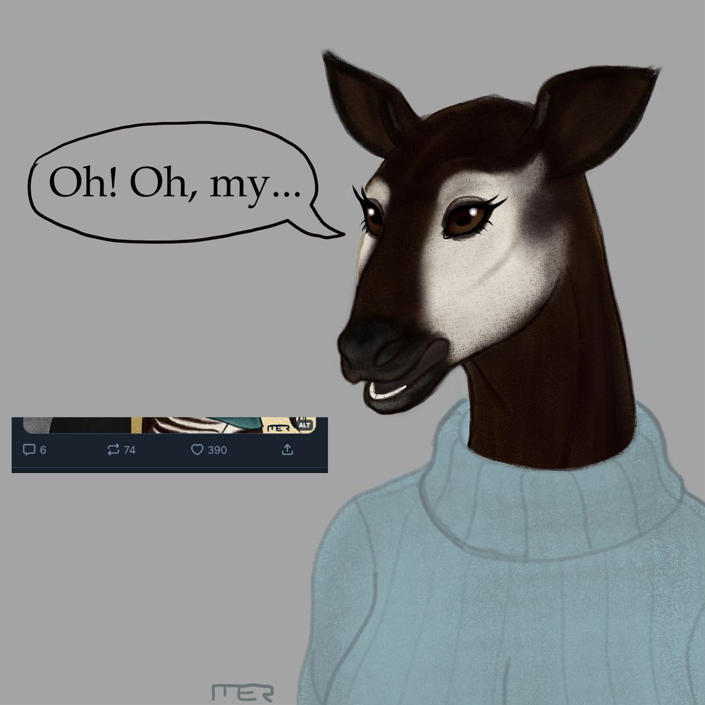 The female anthropomorphic okapi office worker, now named Charlotte St. Germain, is stunned at her sudden popularity, as portrayed by the likes and reposts under her debut image.