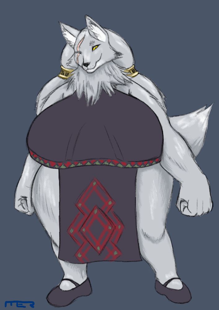 A large, overweight anthropomorphic wolf woman with a missing eye, wearing a simple dress.