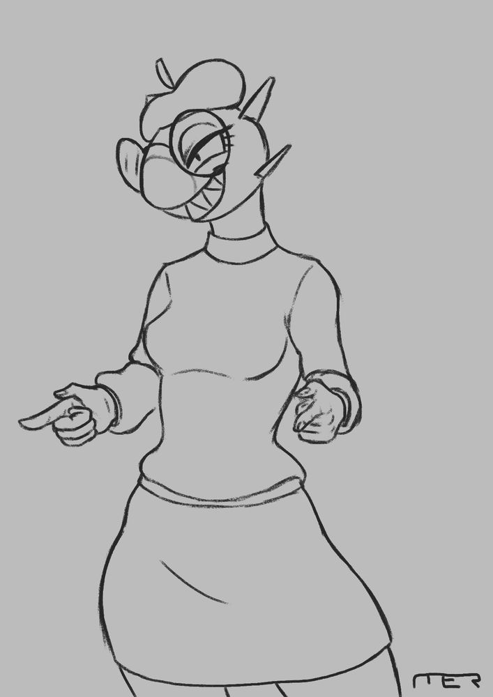 An "anthropomorphic" smart bomb woman (essentially a humanoid body with a bomb for a head) wearing glasses (which makes her a smart bomb, you see), a mock turtleneck, miniskirt, and beret, grins smugly while doing dual finger guns.

She has cute sharp teeth!
