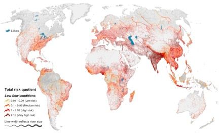 Environmental exposure levels of antibiotics in global rivers. Total risk quotient is calculated as the sum of individual risk quotients of all 40 antibiotics in the global river system under low-flow conditions.