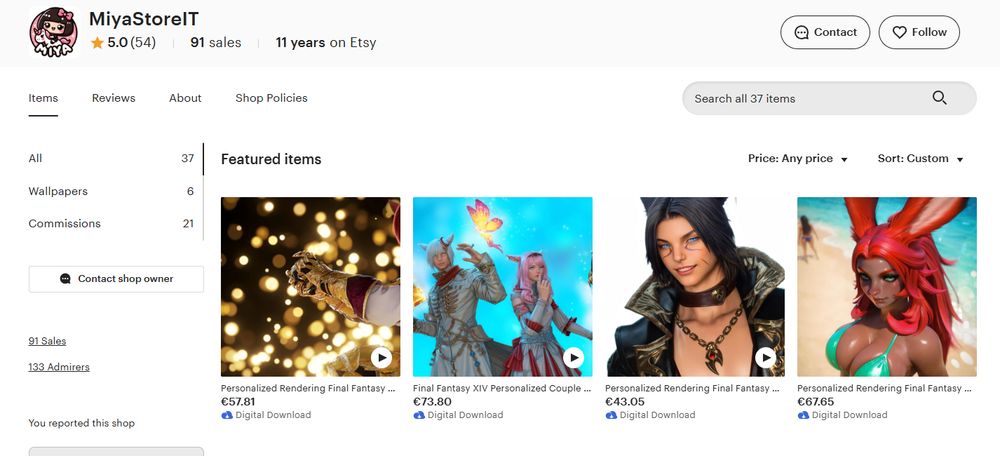 Screenshots of MiyaStoreIT shop on Etsy, which offers digital rendering commision that are done with generative AI.