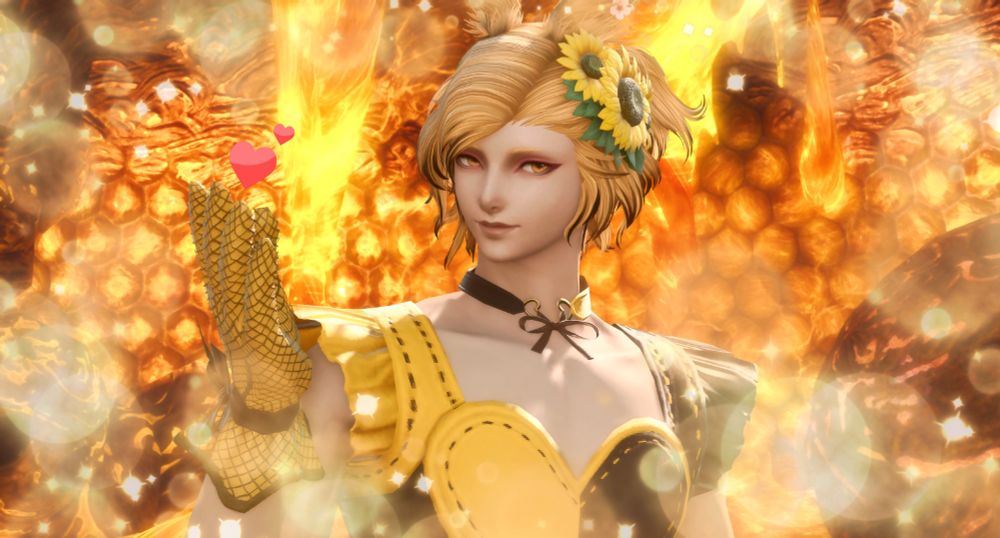 Viera man dressed in yellow and black dress, sunflowers decorating his golden hair, with a honeycomb background. 