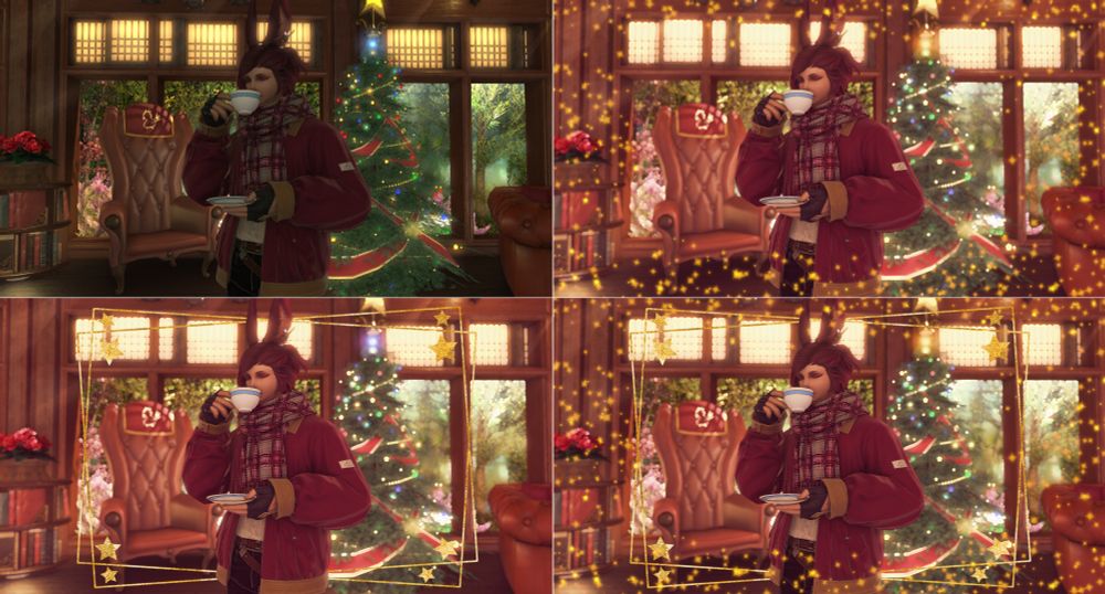 Pictures showcasing effects of the x-mas themed reshade preset. red-headed Viera man enjoying a cup of hot tea in front of Starlight decorations in his house.