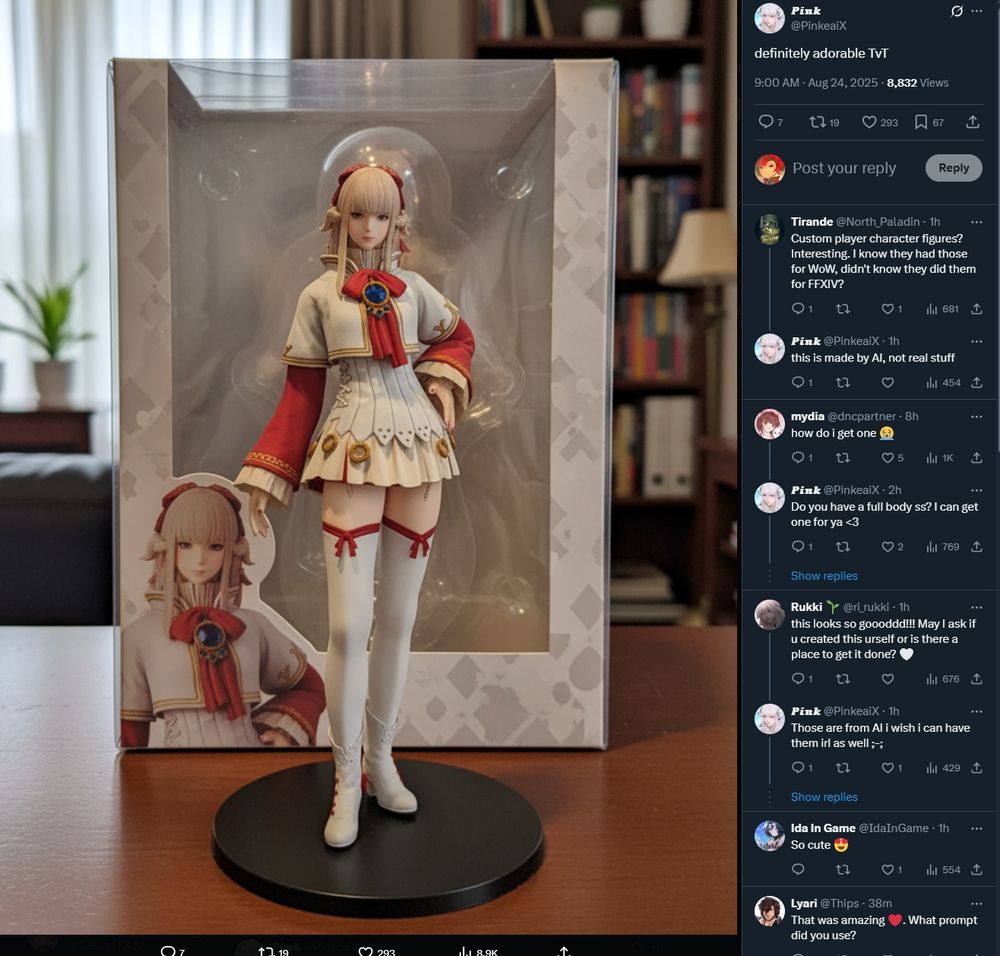 Screenshot of a twitter post of someone showing AI generated image of an action figure of their ffxiv character, with comments on side, also from the OP admitting it's genAI.
