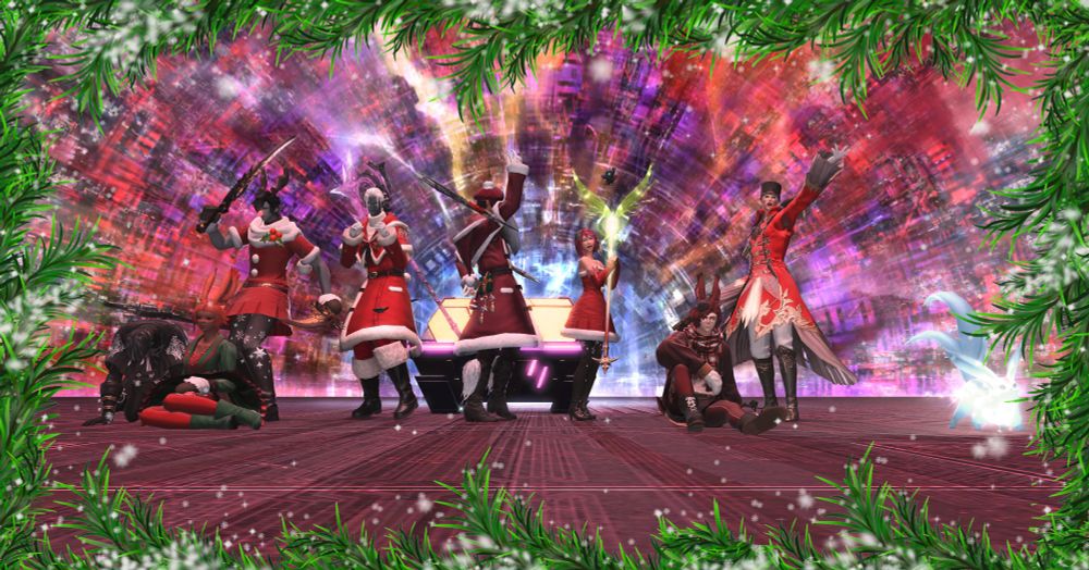 Group wearing Starlight outfits, celebrating clearing Sphene extreme fight, all with a very festive spirit.