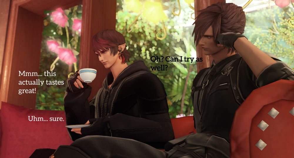 Two Elezen men- Kai on the left and Adam on the right- sitting on a sofa. Kai is sipping something from a cup he's holding, sayiing: mmm, this actually tastes great! Adam asks: Oh? Can I try as well? To which Kai responds: uhm... sure.