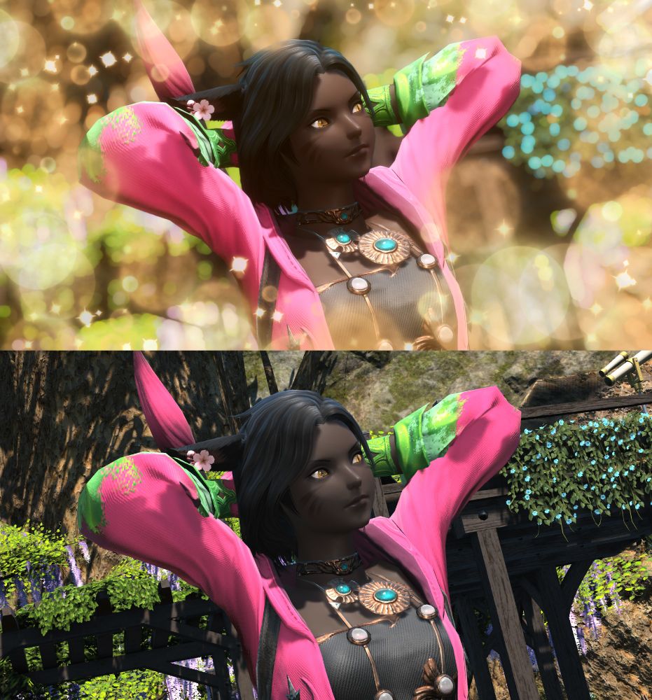 Test shots with Honey Bee preset using dark skinned Miqo'te character.