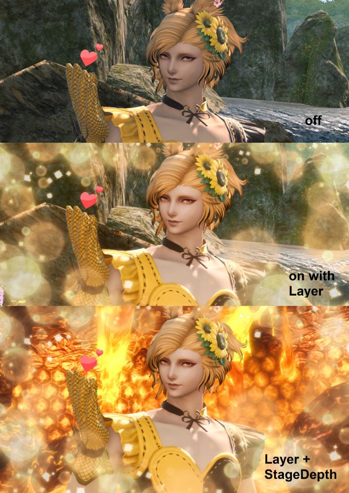 Presenting different settings of Honey Bee reshade preset.