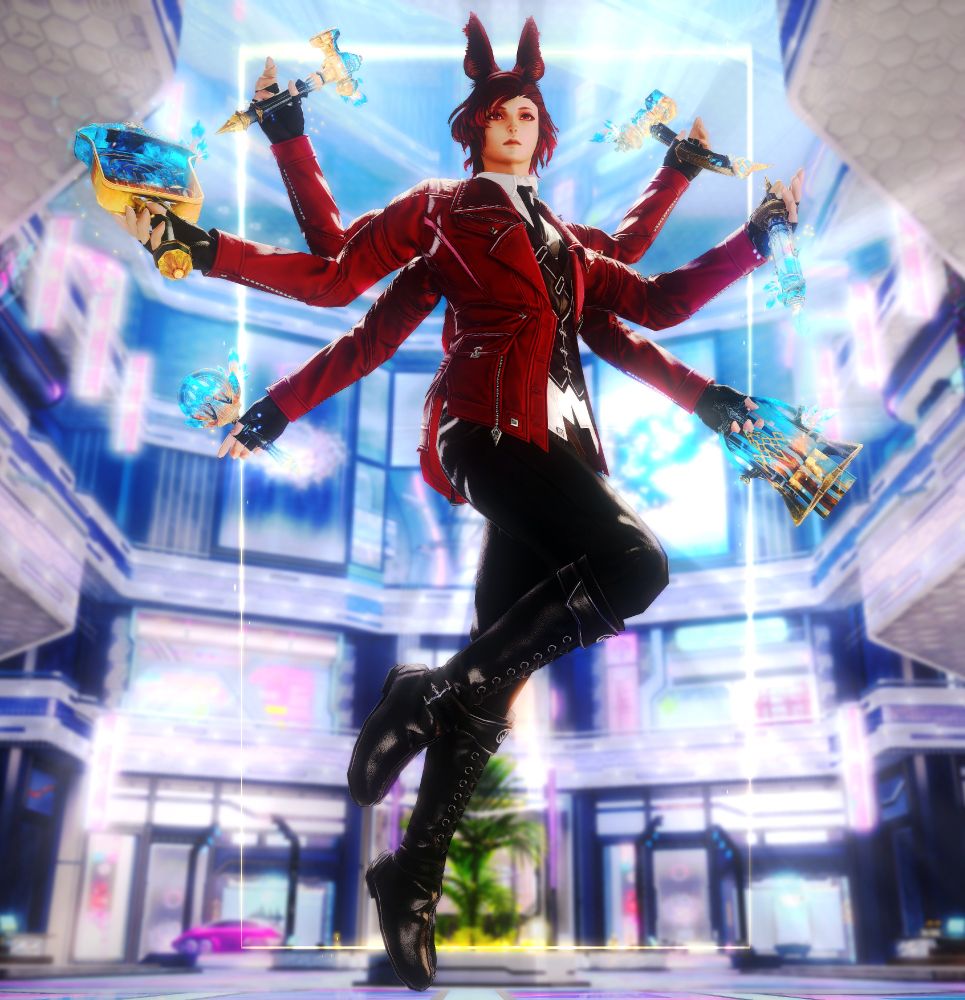 Red-headed Viera man with 6 arms- each holding different crafting tool, posing in the crafty area of Solution 9.