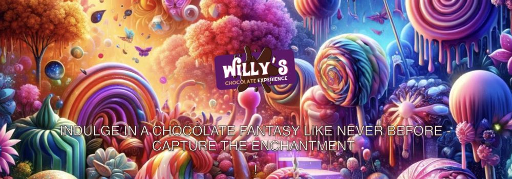An AI-generated poster promoting 'Willy's chocolate experience'. It depicts a surreal landscape made of weird looking lollipops and rainbows and is captioned "indulge in a chocolate fantasy like never before, capture the enchantment"