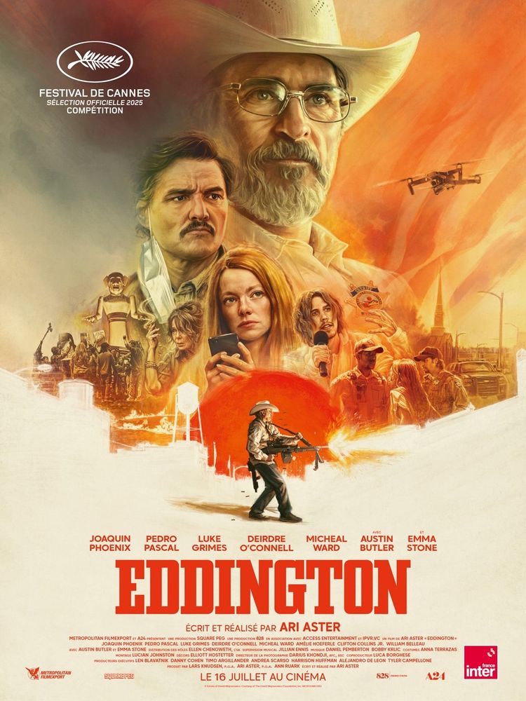 Affiche peinte de Eddington, où le casting est réuni en une composition orangée, qui n’est pas sans évoquer certains posters de westerns post-sixties.