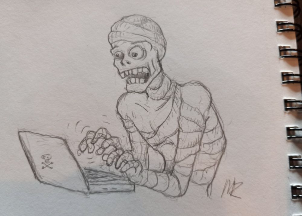 Sketch of a dismayed bog mummy frantically typing on a laptop 