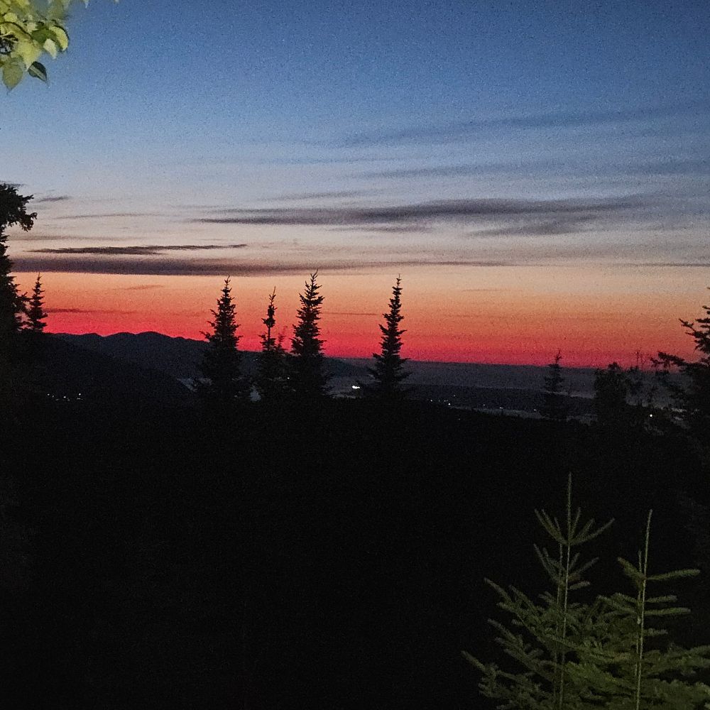 Lever du soleil dans la forêt boréale sur le sentier des Caps. Québec, juillet 2025