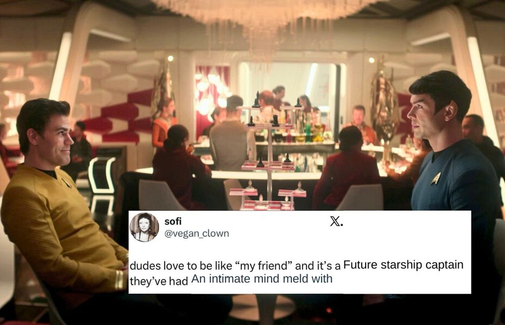 Strange new worlds season 3 episode 10 screenshot of Kirk and Spock looking at each other across a table with a chess set on it. Text on top reads “dudes love to be like my friend and it’s a future starship captain they’ve an an intimate mind meld with.” 