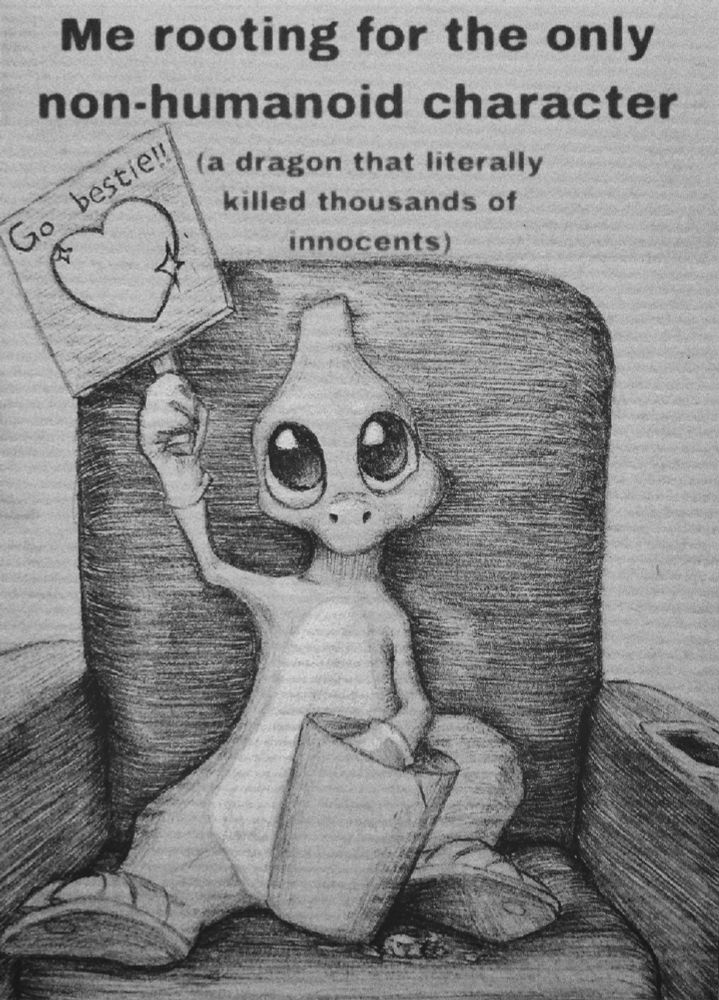A chibi-styled drawing of a Charmeleon in the movie theater. As he eats from a bucket of popcorn, he holds up a sign rooting for the only non-humanoid character, despite this character being a dangerous monster.