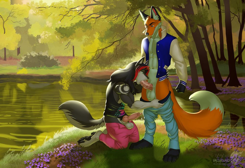 Orithan, the Fox, is having his human-like penis being sucked by Aroh, the wolf in front of a lake by a forest covered in greenery and purple flowers. Orithan is wearing a college jacket over his bare upper body and a pair of denim jeans which Aroh is pulling down past his thighs. Aroh is wearing a black singlet with vaporwave print and a magenta pair of pants which are down and exposing his own aroused and leaking canine-like penis.
