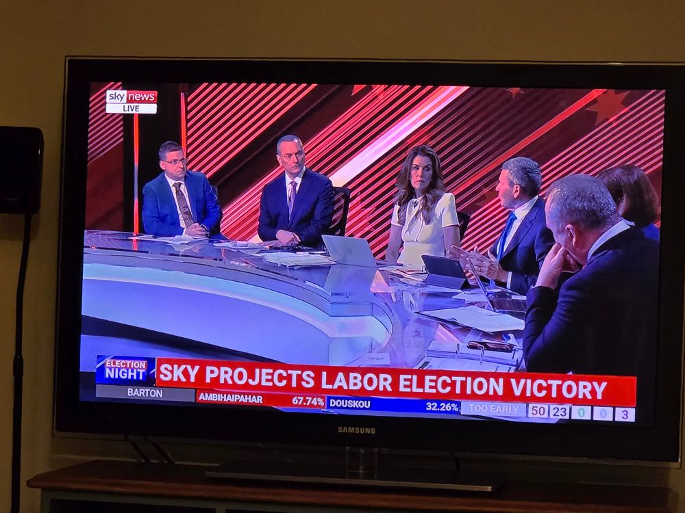 Sky panel has sads. Labor win projected. Cretin's face is perfect.