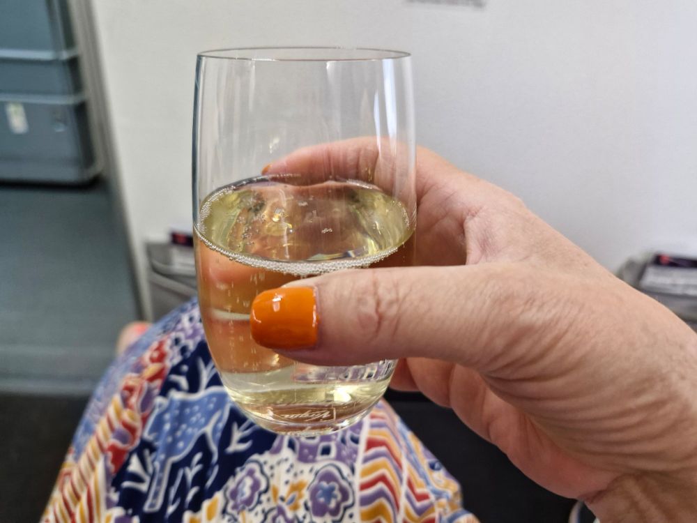 A hand holding a glass of sparkling wine on a plane.