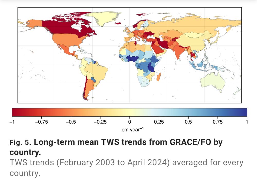 Map of the world showing long term mean trends in "Terrestrial Water Storage" or TWS. It shows most of the planet drying out a lot or a little with most of the increases in wetness happening in subsaharan Africa and southeast Asia. 