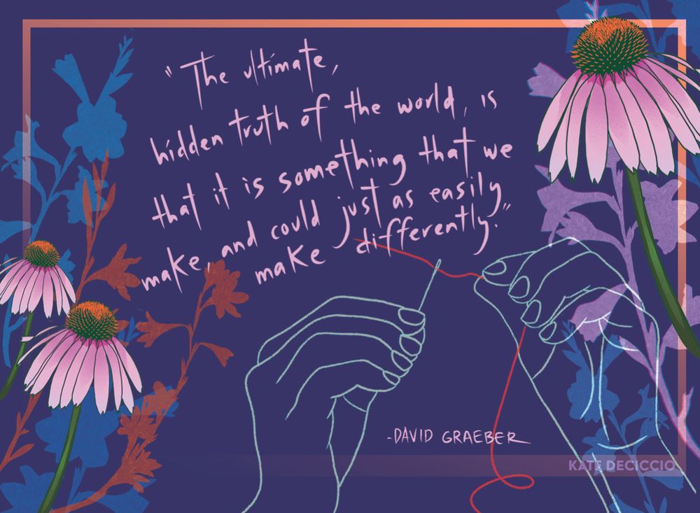 A purple card decorated with floral images and a pair of hands threading a needle. The script contains a quote by David Graeber. "The ultimate, hidden truth of the world, is that it is something that we make, and could just as easily make differently."