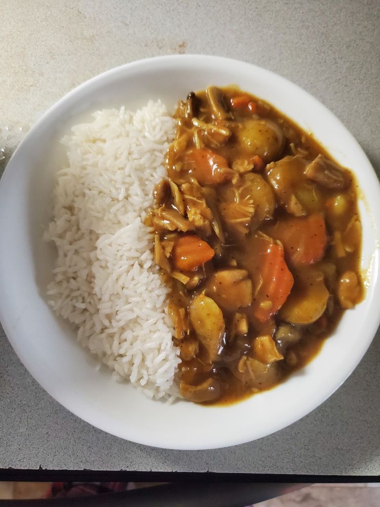 A bowl of rice and curry.