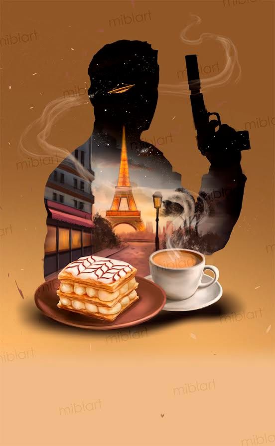 Silhouette of man with gun, a mille-feuille, cup of coffee, the Eiffel tower, and a UFO superimposed.