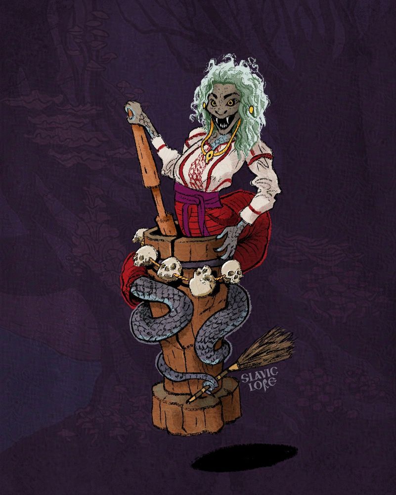 Baba Yaga in the form of a snake, wrapped around a wooden mortar, holding a pestle with her arm, and a broom with the end of her tail. Sculls adorn her mortar. She is wearing a white shirt and red dress, and has bright, greenish hair.
