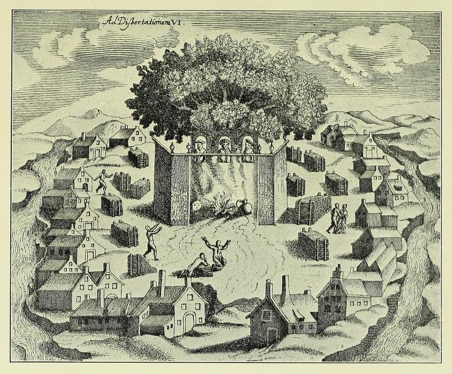 Historian Simon Grunau, who wrote in the early part of the sixteenth century talked about The Sacred Oak of Romowe. His conception is here reproduced (cf. his Preussische Chronik, II. v. 2).
A large oak tree sits in the middle of a city, in front of it 3 idols of the deities receiving adoration.