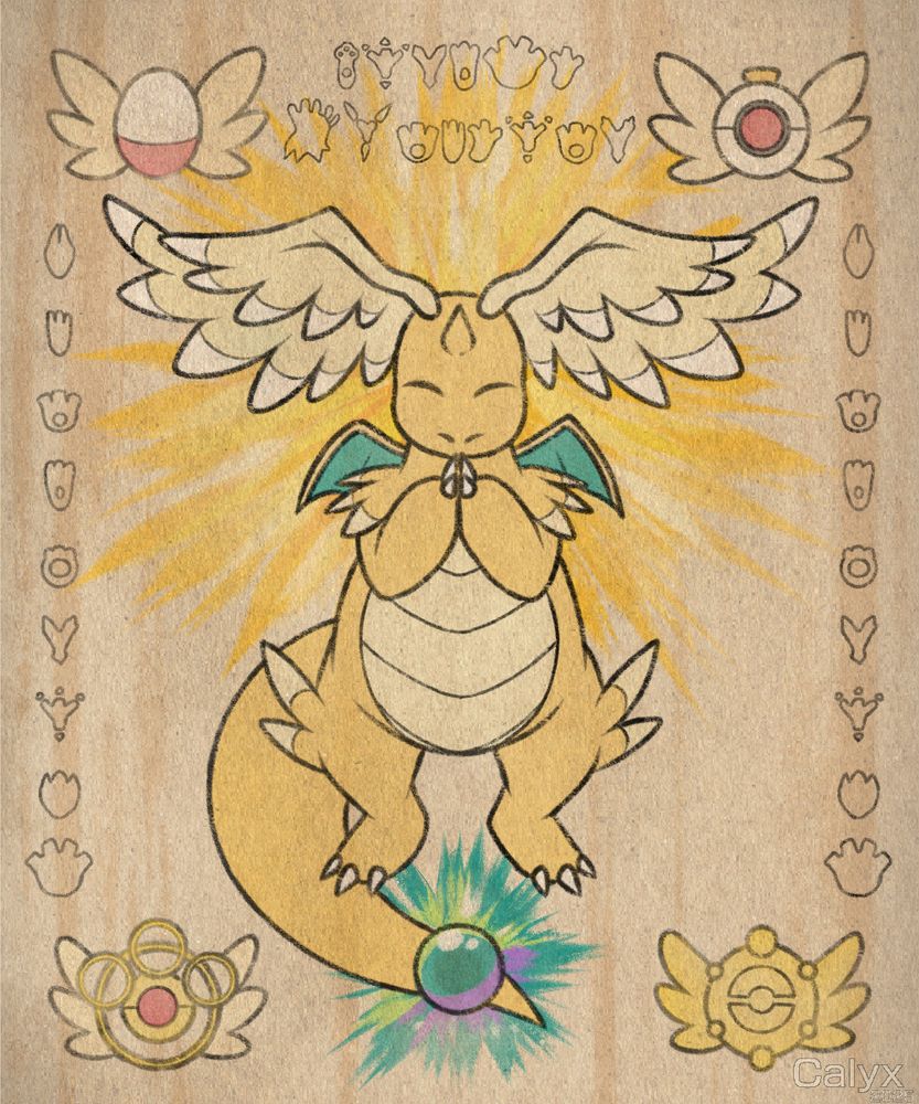 A decorative art piece of a Mega Dragonite on parchment, alongside the main PMD badges of Rescue Team, Explorers, Gates To Infinity, and Super Mystery Dungeon. Additional Footprint Runes are added.