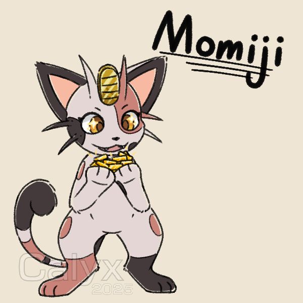 Shyblacksheep’s Pokemon Mystery Dungeon OC, Momiji the Meowth, looking at a pile of coins in her paws with gold sparkles in her eyes.

#pmd