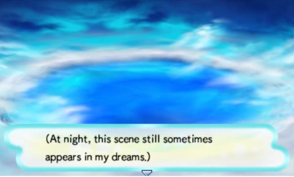 Hero thinking, “(At night this scene still sometimes appears in my dreams.)”