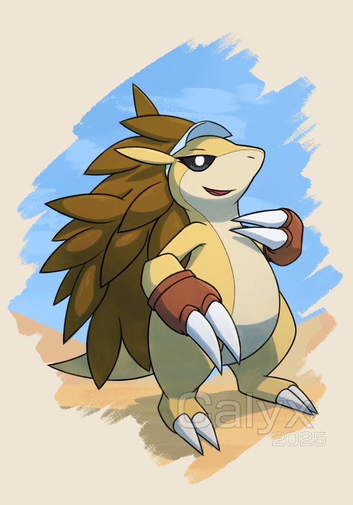 juegarielpmd’s Pokemon character, a Sandslash archeologist wearing a light blue visor and brown-red compression gloves.
