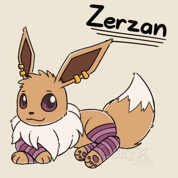 An Eevee named Zerzan, wearing earrings on both ears and striped purple socks on all four legs.