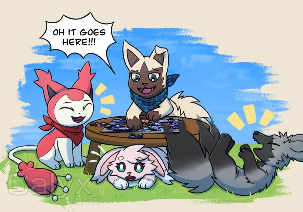 The Poochyena puts the piece in the right place, saying “Oh it goes here!!!”

The Skitty and fox laugh, while the Eevee wakes up in surprise.