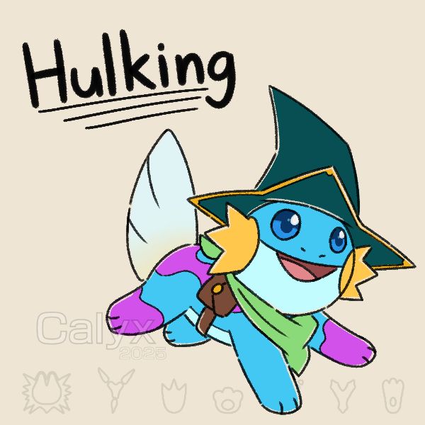 Hulking the Mudkip, wearing a pointy hat, green bandana, and a bag around the waist.