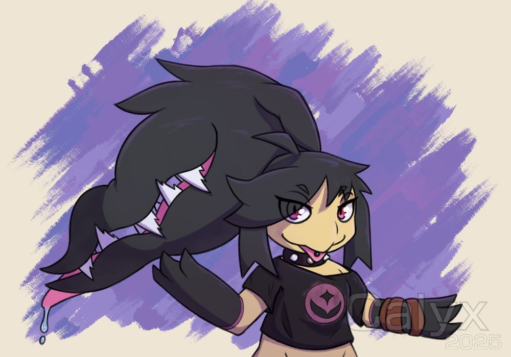 A Mawile character’s design from Nezuyo, wearing a black t-shirt with a pink print on it, wearing brown wrappings on the left arm, a collar with spikes and Mawilite, and a tongue piercing.

#Pokemon